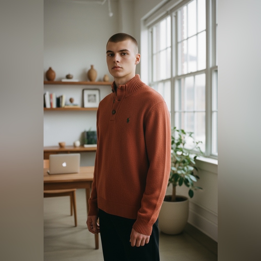 Polo Ralph Lauren Quarter Button Men Orange Cotton Pullover Sweater Green Pony M